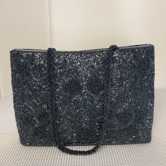 Silver Beaded Bag Braided Double Handle 3-D Floral Pattern Satin Lined 12”x8”x3” - Picture 10 of 17